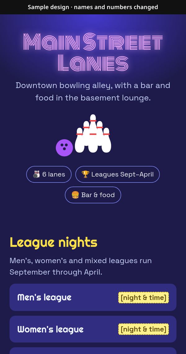 Example bowling alley site with league nights and party booking