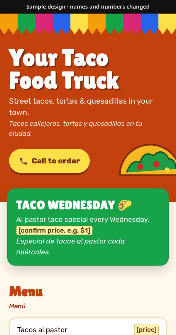 Example food truck site in English and Spanish